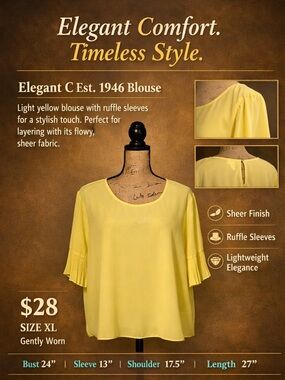 C Est. 1946 Ruffle Sheer Blouse XL Light Yellow